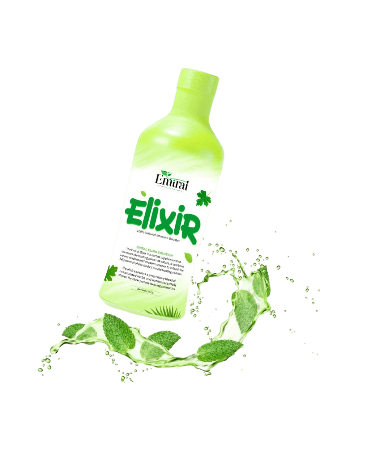Emiral Elixir alkaline herbal drink bottle on kitchen counter